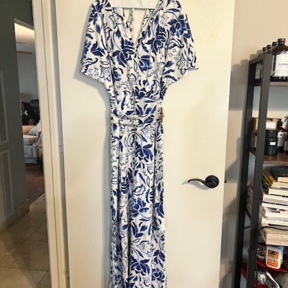 1.STATE Blue White Floral Wide Leg Jumpsuit Size Large - Picture 5 of 12